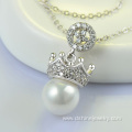 925 Silver Chain Rhinestone Crown One Pearl Pendant Necklace